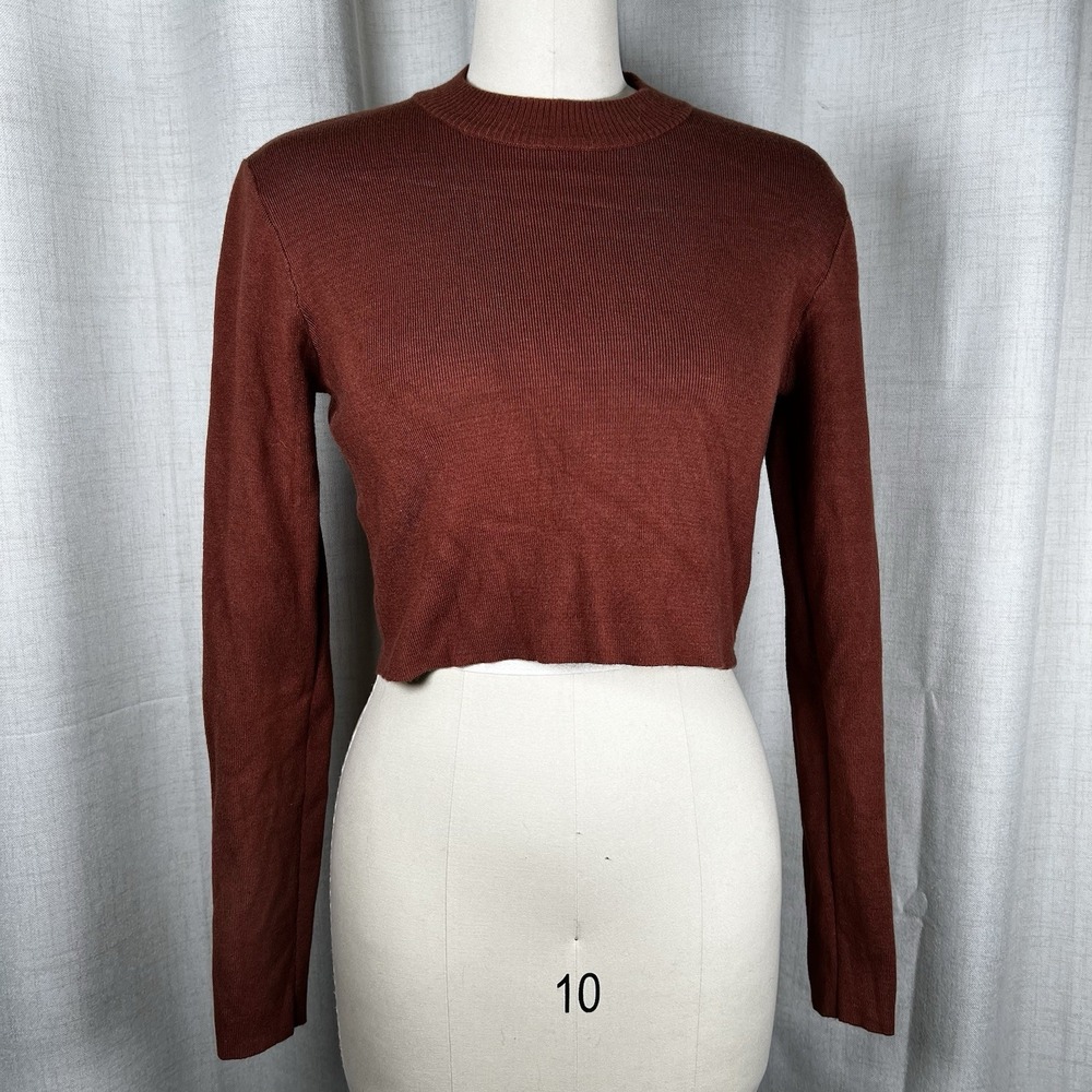 Mable Women's Large Rust Brown Knit Long Sleeve Mock Neck Cropped Sweater Top